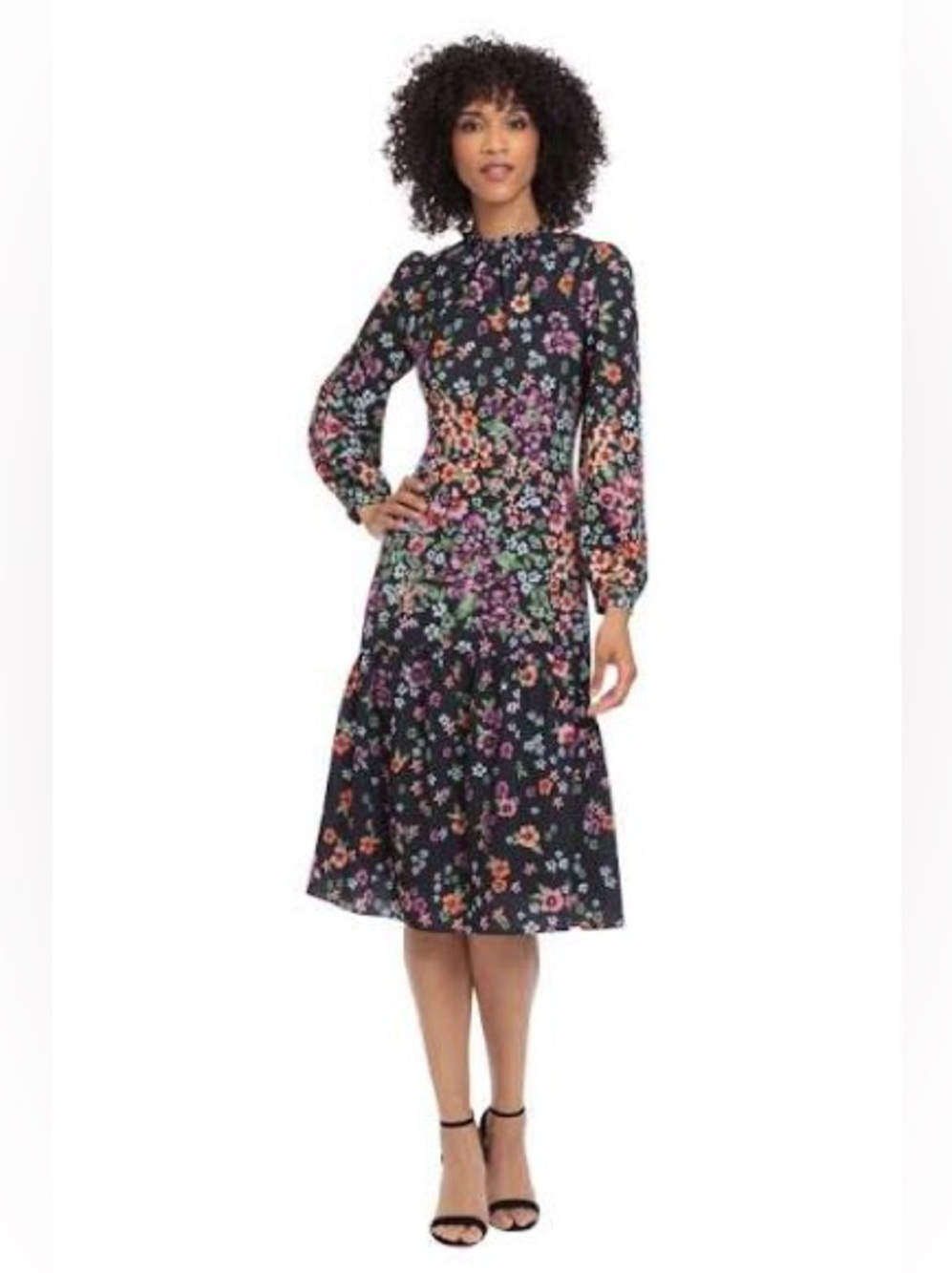 Maggy London Kiri Black Floral Midi Dress Long Sleeve A Line 12 - Picture 2 of 16